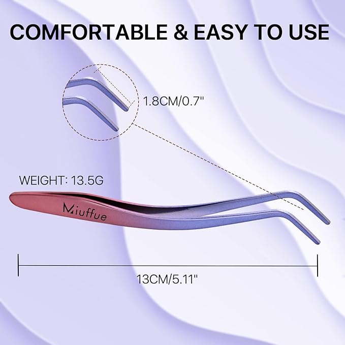 Miuffue Lash Applicator Tool DIY Eyelash Applicator Stainless Steel Curved Eyelash Tweezers for Cluster Lashes, Purple Gradient