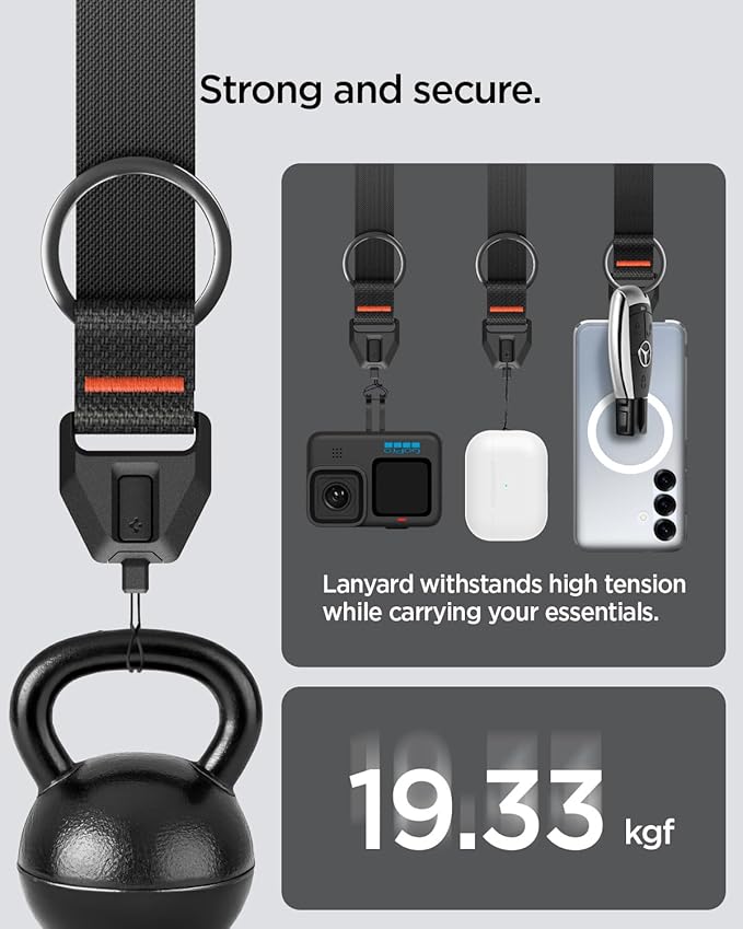 Spigen Universal Lanyard Wrist Strap with Keychain for iPhone, ID Badge Wallet Holder, AirPods, Cameras, Keychain & Everyday Carry, Durable Carabiner with Wrist Strap - Black