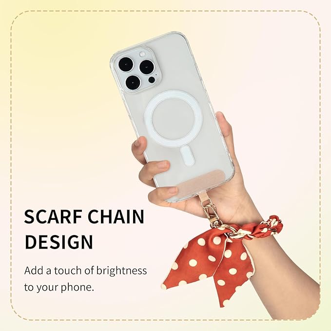 Fycyko Phone Wrist Strap with Gold Metal Scarf and Universal Tether Tab, Aesthetic Print Design Ribbon Chain, Multi-Purpose Accessories for Bag Key Cellphone for Men Women Girls-Orange Polka Dot