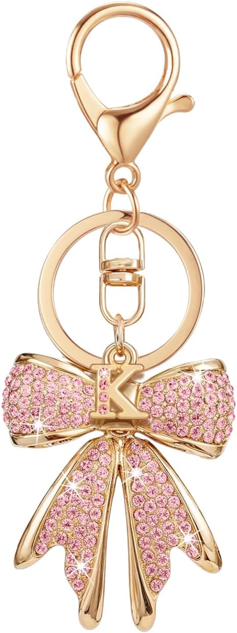 XGALBLA Sparkly Cute Initial Letter Rhinestone Bow Keychain for Women Gold Tone Bag Charms Coquette Aesthetic Purse Charms