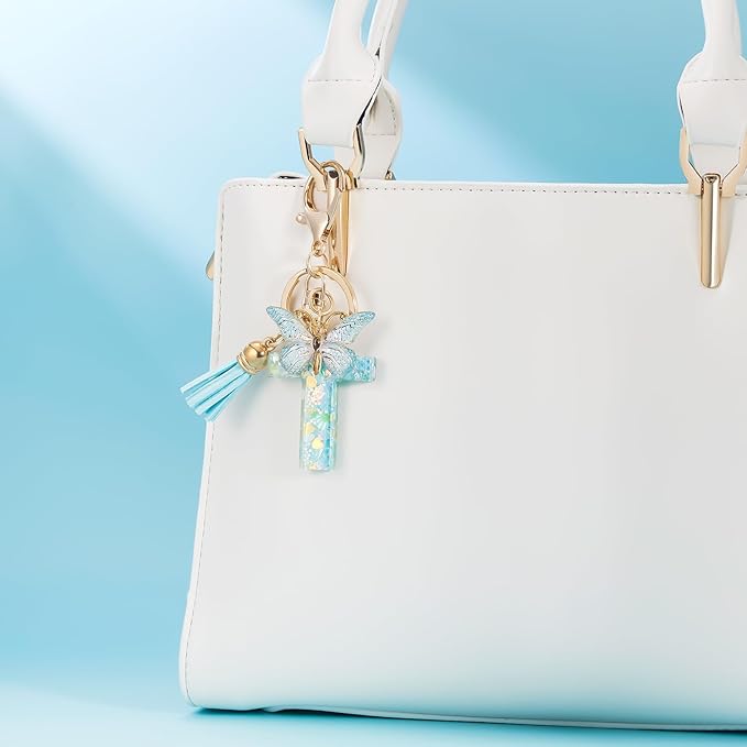 Fashion Alphabet Initial Letter Keychain Tassel Butterfly Pendant Key Ring for Purse Handbags Women Girl