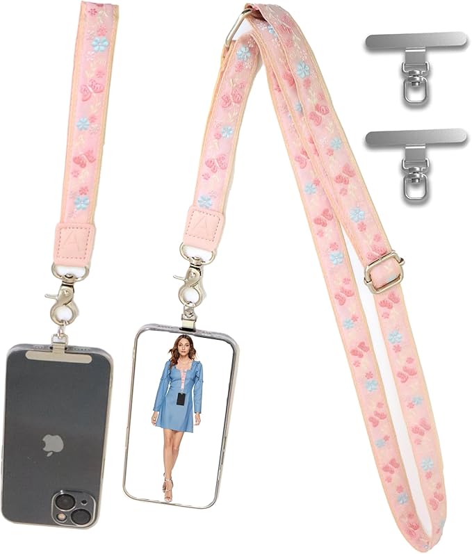 LEMEDE Wrist Keychain and Adjustable Phone Lanyard, Silver Hook Phone Crossbody Strap with 360° Rotating Phone Pads