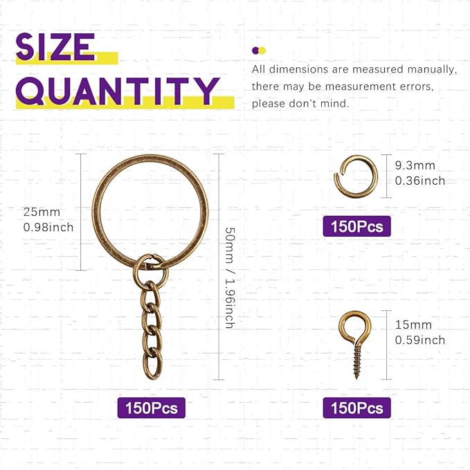 Swpeet 450Pcs 1 Inch 25mm Bronze Flat Key Chain Rings Kit, Including 150Pcs Split Keychain Rings with Chain and 150Pcs Jump Ring with 150Pcs Screw Eye Pins Bulk for Jewelry Findings Making