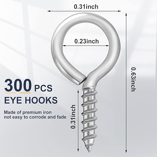 AUGSUN Eye Screws, 300PCS 0.63 Inch Screw Eyes Hooks Heavy Duty Screw Eyes Bolts Hooks Ring Screws for Hanging Artwork