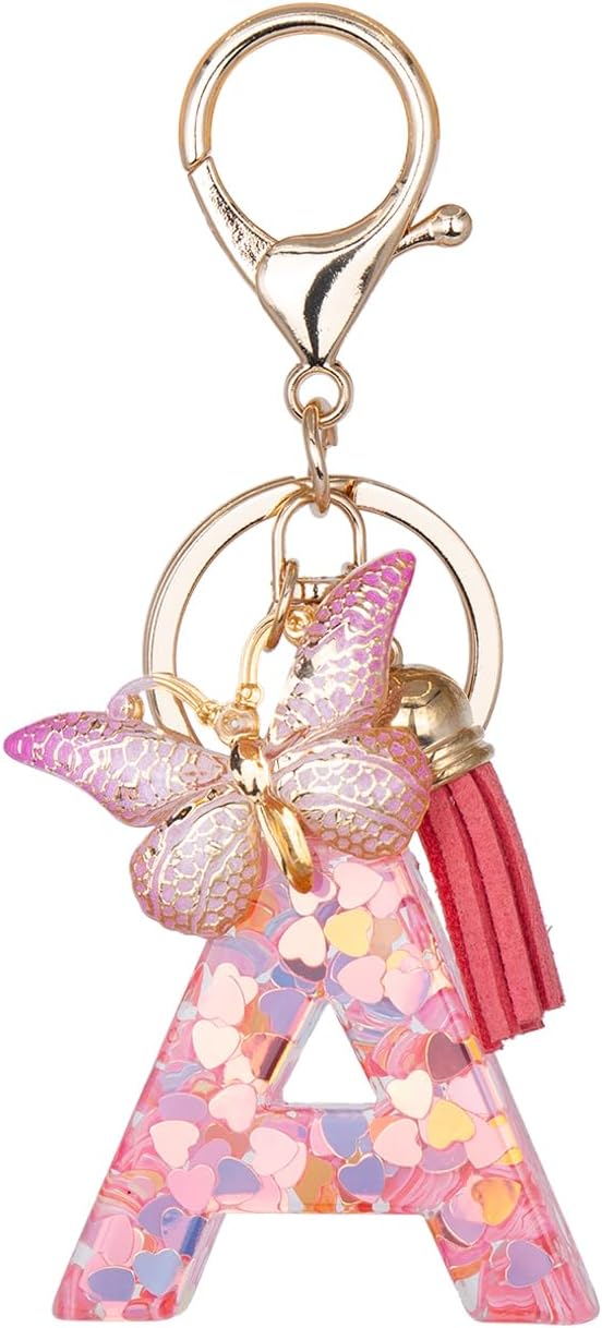 Initial Keychain Cute Pink Resin Letter and Butterfly Charms Keychains for Backpack Purses
