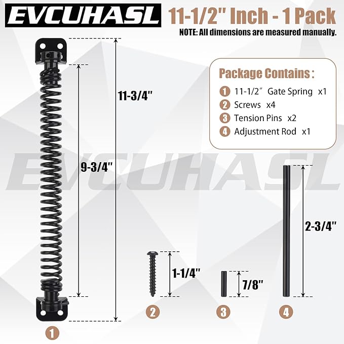 11-1/2" Gate Spring Self Closing Heavy Duty Door Springs to Close Door, Automatic Gate Closer with Adjustable Tools for Metal Gates, Wooden Fences and Vinyl Fence Gates(Black, 1 Pack)