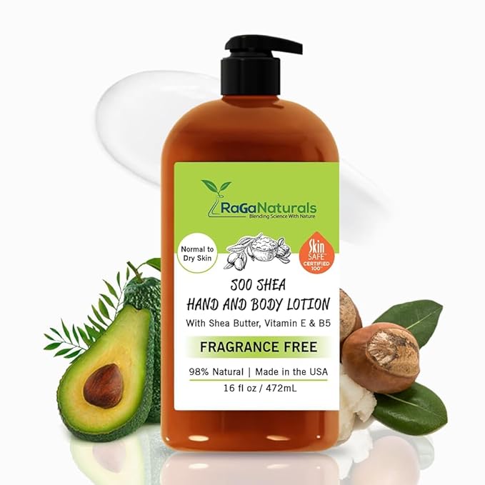 RaGaNaturals Natural Unscented Body Lotion for Dry, Sensitive Skin with Shea Butter, Avocado Oil & Vitamin E - Moisturizing, Fragrance Free Hand Lotion With Organic Essence -For Women, Men, Kids-16 Oz
