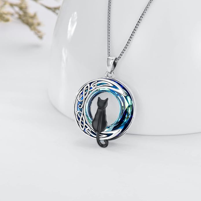TOUPOP Cat Gifts for Cat Lovers One Two Three Four Cats Necklace Sterling Silver Cats on the Moon Pendant Necklace with Blue Circle Crystal Birthday Christmas Celtic Jewelry Gifts for Women