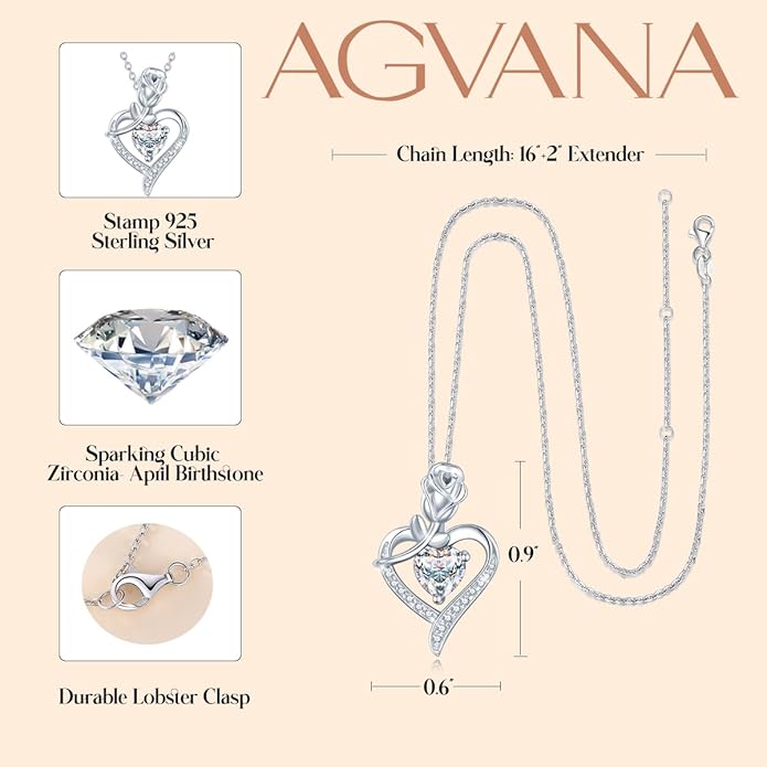 AGVANA Christmas Gifts Rosy Reverie Birthstone Necklace for Women Sterling Silver Genuine or Created Gemstone Rose Flower Heart Pendant Necklace Anniversary Birthday Gifts for Women Mom Wife Her