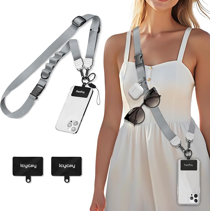 Phone Lanyard Crossbody, Silver Gray Cell Phone Strap for Around The Neck Adjustable, Anti Theft Cute Lanyard for iPhone Case ID Holder Keys Accessories Travel Essential