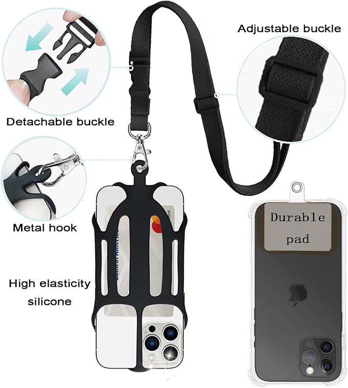 Phone Lanyard, Phone Lanyards for Around the Neck, 2 in 1 Phone Strap with Silicone Phone Holder and Patch, Fits iPhone and Most Cell Phones (Black)