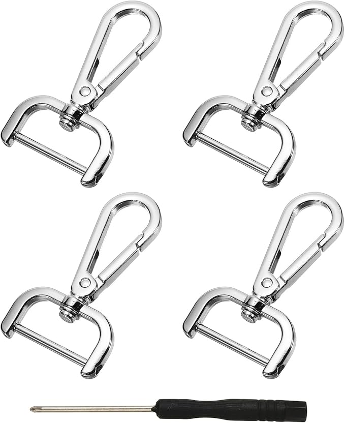 YELARXI Swivel Clasps Hook, 1 Inch ID Detachable Snap Hook W/Screw Bar D Ring Claw Clasp with Screwdriver Fit for Lanyard Bag Leather Craft Purse Hardware DIY Bag (4 Pack, Silver White)
