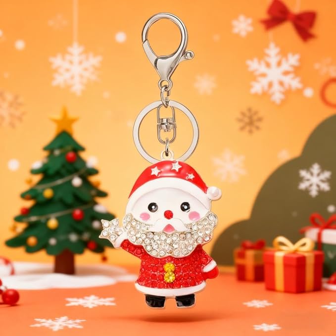 Dreuyet Christmas Keychain Rhinestone Crystal Christmas Tree Santa Purse Bag Handbags Charms for Women Lady Friends