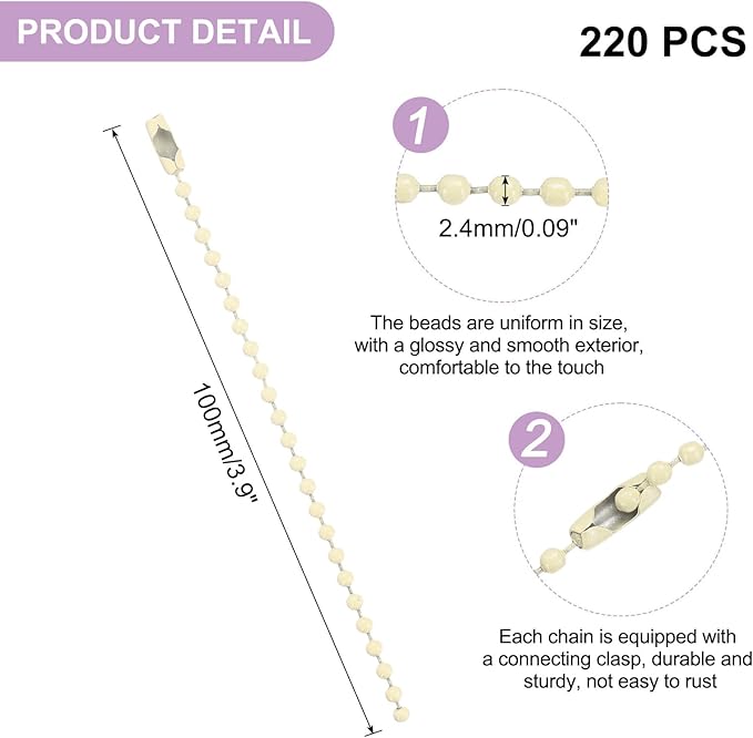 uxcell 220pcs Metal Ball Bead Chain, 100mm Long Bead Connector Clasp Dog Tag Hanging Chain for Key Chains Tags Craft Projects Jewelry Making, Beige