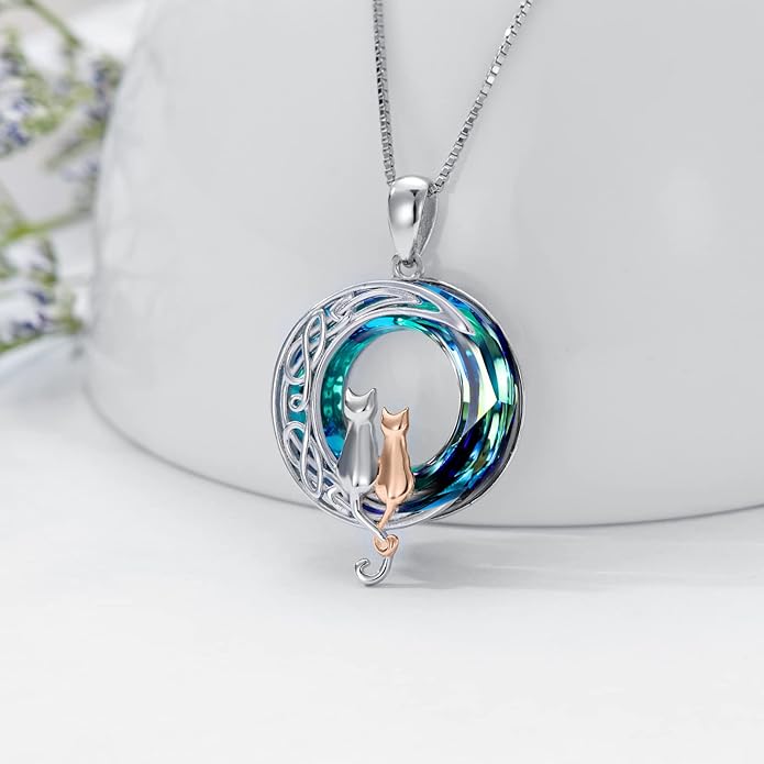 TOUPOP Cat Gifts for Cat Lovers One Two Three Four Cats Necklace Sterling Silver Cats on the Moon Pendant Necklace with Blue Circle Crystal Birthday Christmas Celtic Jewelry Gifts for Women