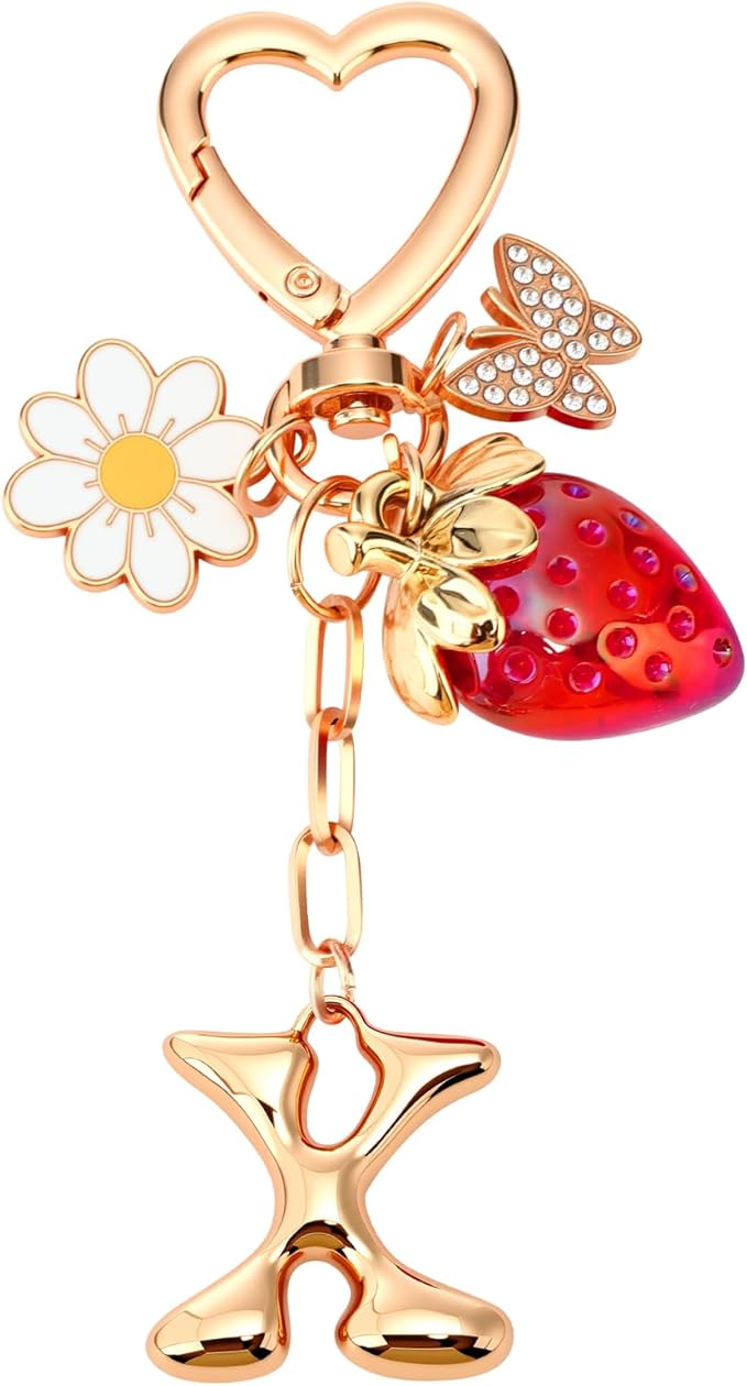 Strawberry Initial Keychain for Women-Cute Kawaii Gold Alphabet Bag Charms, Key chain Gift for Purse Handbag