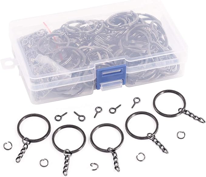 Swpeet 450Pcs 6/5 Inch 30mm Black Flat Key Chain Rings Kit, Including 100Pcs Split Keychain Rings with Chain and 100Pcs Jump Ring with 100Pcs Screw Eye Pins Bulk for Jewelry Findings Making