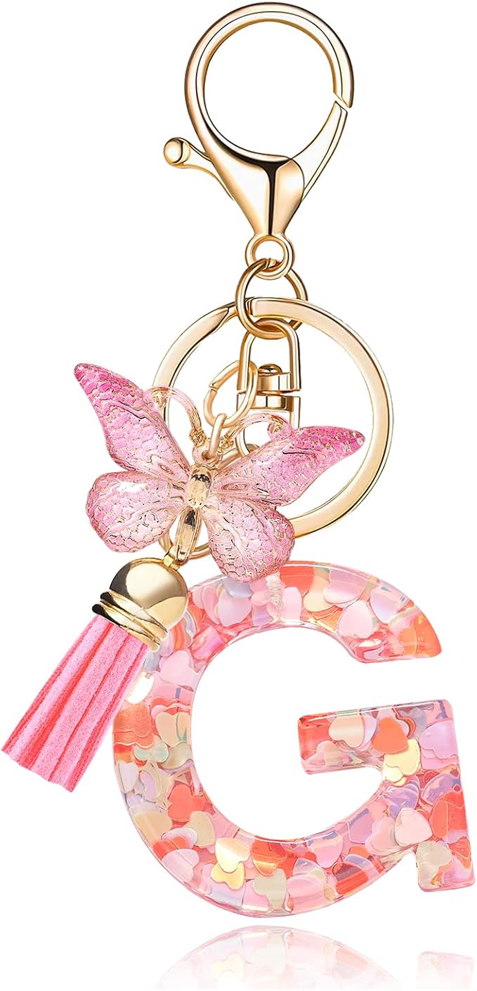Fashion Alphabet Initial Letter Keychain Tassel Butterfly Pendant Key Ring for Purse Handbags Women Girl
