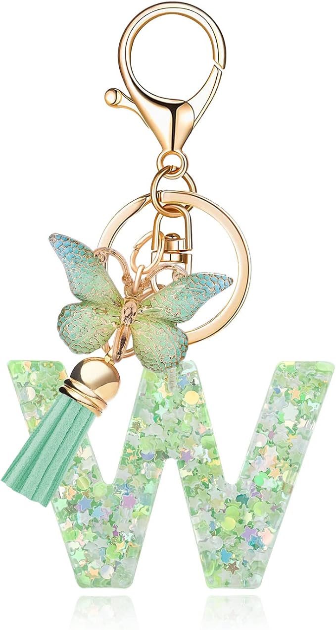 Fashion Alphabet Initial Letter Keychain Tassel Butterfly Pendant Key Ring for Purse Handbags Women Girl