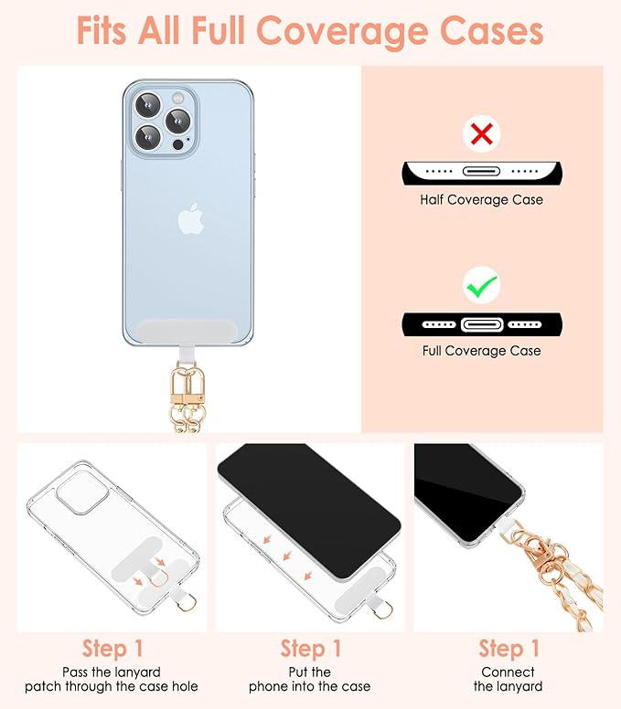MoKo Universal Phone Lanyard, Adjustable Metal Cell Phone Chain Crossbody Strap Anti-Theft Detachable Women Cellphone Lanyards Around the Neck with Patches for iPhone, Most Smartphones, White