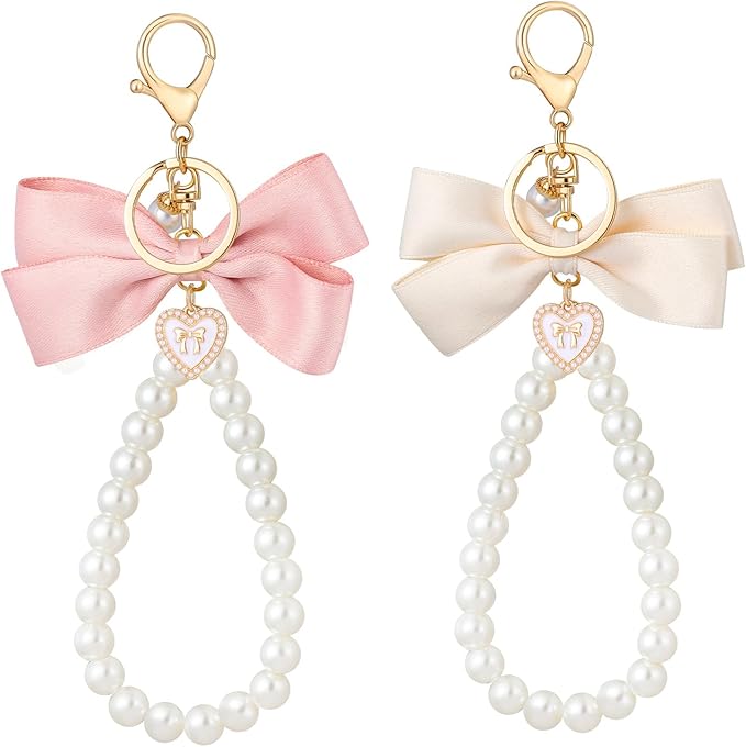 2Pcs Cute Bow Keychain for Women,Purse Charms Bow Bag Charms for Handbag, Pearl Keychain Accessories for Car