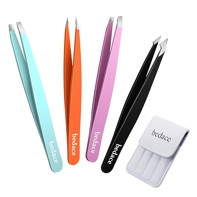 Tweezers for Women Facial Hair,Stocking Stuffers 4 Pack Tweezers for Eyebrows,Tweezer Set for Ingrown Hair, Plucking Daily Beauty Tool with Leather Travel Case for Gifts
