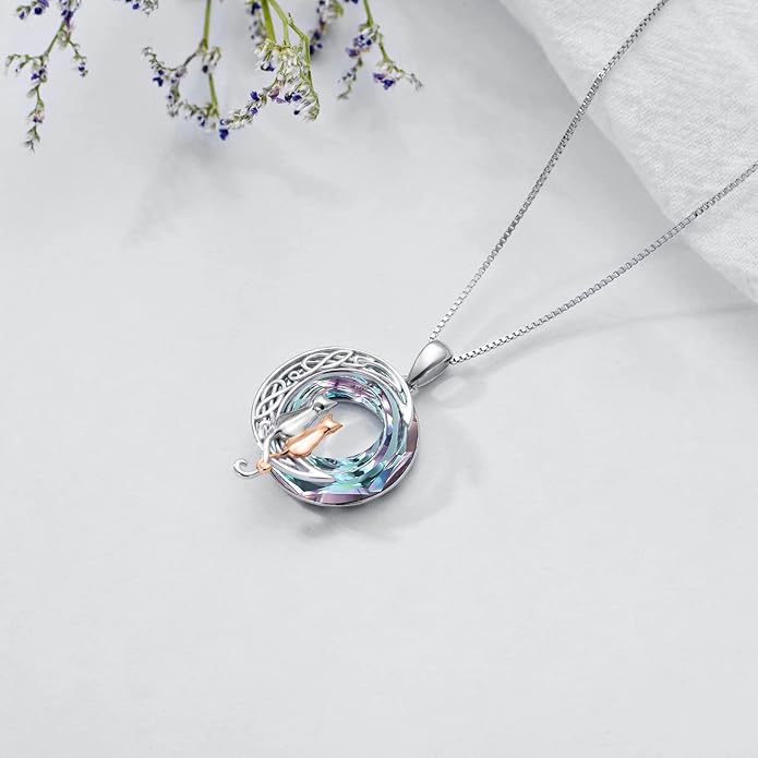 TOUPOP Cat Gifts for Cat Lovers One Two Three Four Cats Necklace Sterling Silver Cats on the Moon Pendant Necklace with Blue Circle Crystal Birthday Christmas Celtic Jewelry Gifts for Women