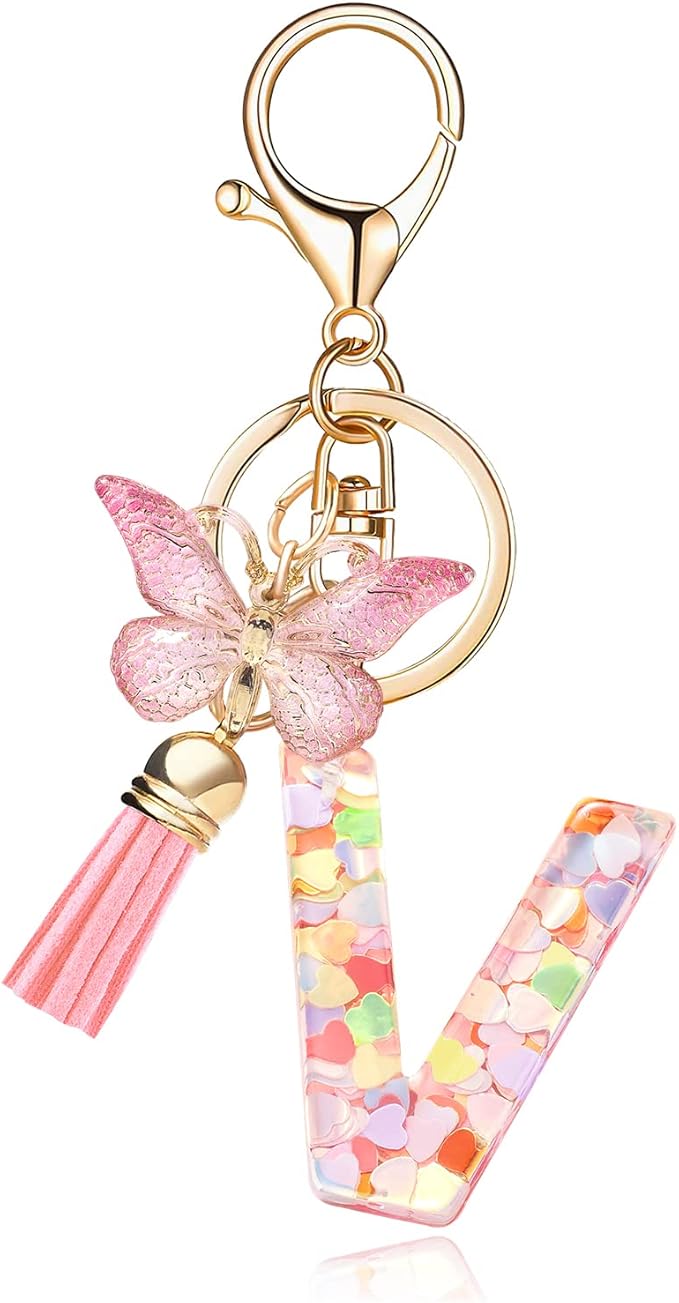 Fashion Alphabet Initial Letter Keychain Tassel Butterfly Pendant Key Ring for Purse Handbags Women Girl