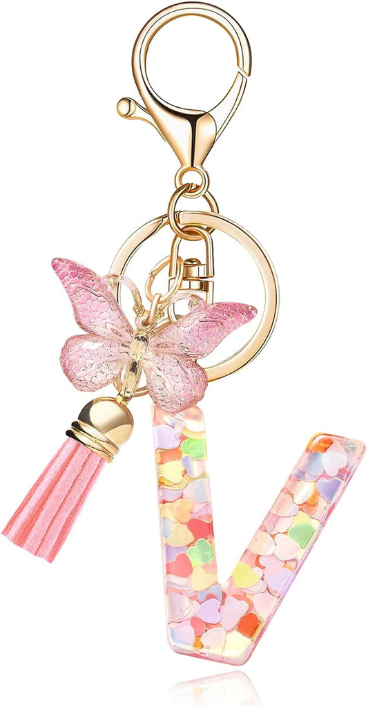 Fashion Alphabet Initial Letter Keychain Tassel Butterfly Pendant Key Ring for Purse Handbags Women Girl