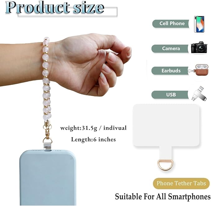 Marble Beaded Phone Wrist Strap,Detachable Phone Bracelet Strap with Tether Tab,Hands-Free Wristlet Strap (White crystal)