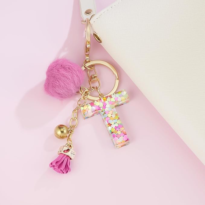 Resin Alphabet Initial Letter Keychain Keyring for Women Purse Handbags With Fur Ball Pom