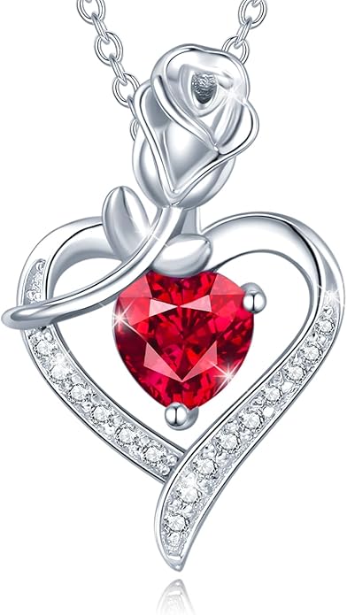 AGVANA Christmas Gifts Rosy Reverie Birthstone Necklace for Women Sterling Silver Genuine or Created Gemstone Rose Flower Heart Pendant Necklace Anniversary Birthday Gifts for Women Mom Wife Her