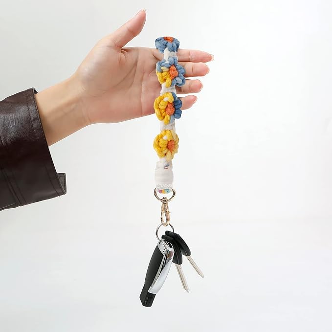 Macrame Keychain Handmade Wristlet Keychain Wrist Lanyard for Keys Cute flower keychain Key Chain for Women