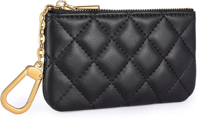 Premium Genuine Full Grain Leather Mini Coin Purse Keychain Pouch Card Holder for Men Women (Black Quilted- AG)
