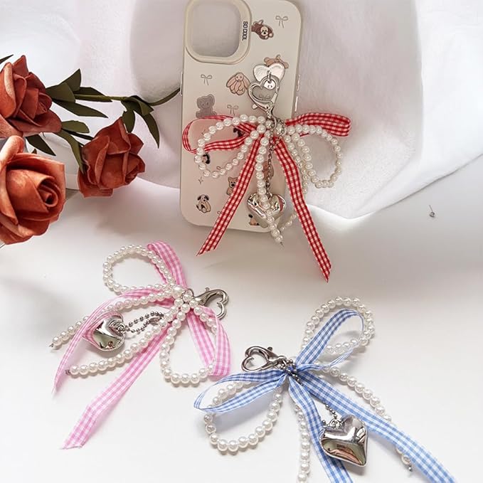 Pearl Bow Keychain Cute Y2k Lace Bowknot Keychain Coquette Aesthetic Accessories Bag Purse Handbag Backpack Charm