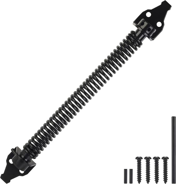 14" Gate Spring Self Closing, Heavy Duty Black Door Closer Spring, Adjustable Tensioner Automatic Outdoor Gate Closure, Gate Spring Hardware for Wooden and Vinyl Fence, 1 Pack