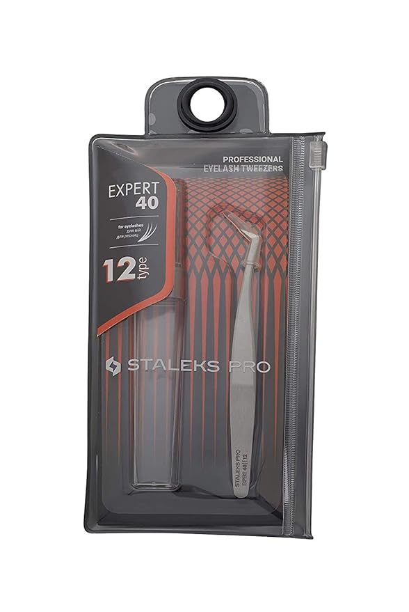 Staleks Pro Professional Eyelash Tweezers EXPERT 40 Type 12 – L-Shaped 65° Tip – Stainless Steel – For Volume Eyelash Extensions 2D–8D