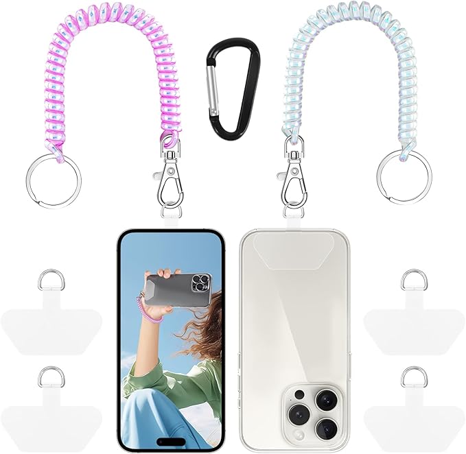 Doormoon Phone Lanyard Leash with 4 Patch, 2* Phone Tether, 4* Phone Tether Tab, 1* Carabiner for Climbing Outdoor Hiking Cycling Skiing Compatible for Smartphones Keys, PearlWhite; PearlPurple