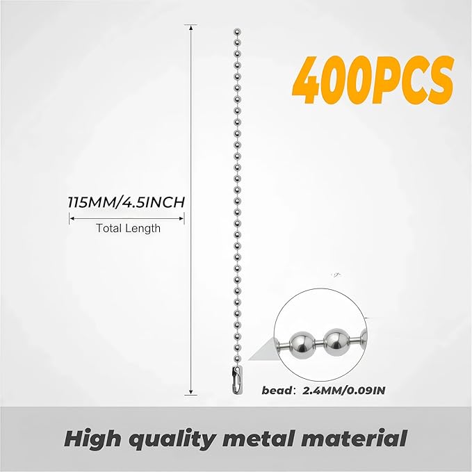 400PCS 4.5 inch Ball Beads Chain Bulk, Silver Keychain Rings, Dog Tag Metal Small Chain with Connectors for Hanging Decoration