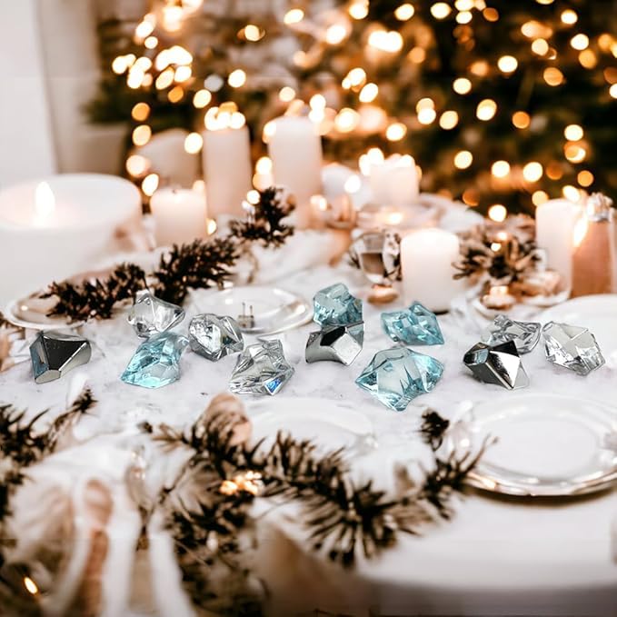 HappyFiller Christmas Vase Fillers,14 OZ Clear,Sea Blue,Silver Mix Color Fake Ice Rocks Cubes Acrylic Gems Stones for Winter Decorations,Wedding Centerpieces Table Scatters,Crafts,Home Accents