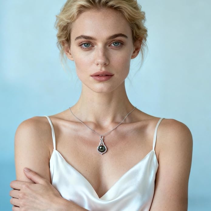 Genuine Tahitian Black Pearl Necklace for Women, 9-13mm AAAA Seawater Pearl - Sterling Silver Moissanite Pendant, Wedding Anniversary, Birthday, Christmas Gift for Wife, Mom, Girlfriend, Fine Jewelry