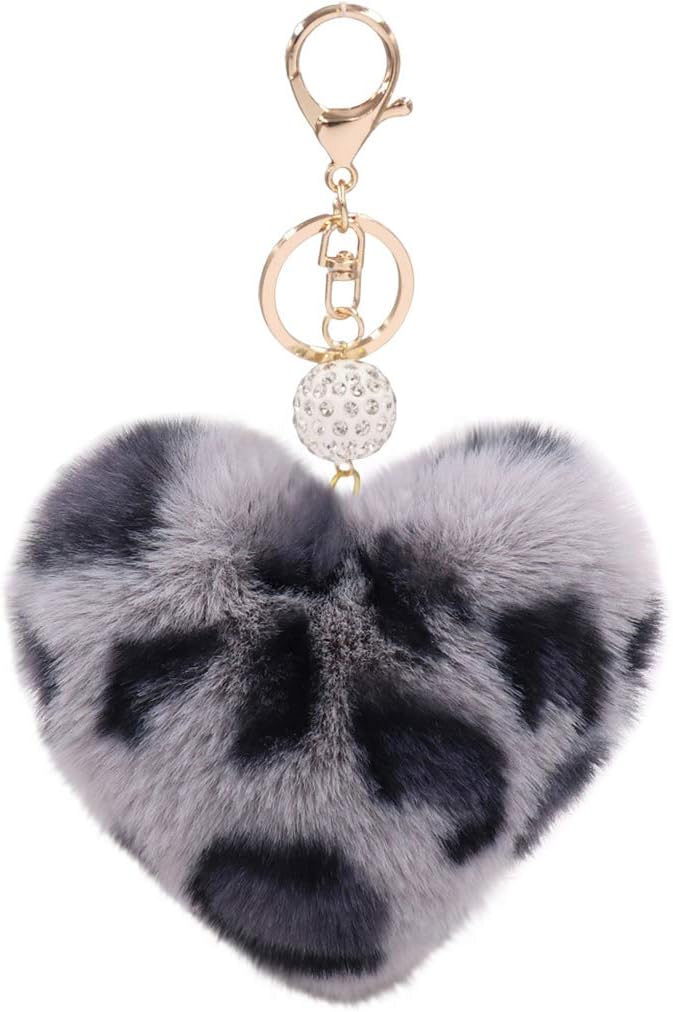 Women's Heart Faux Fur Pom Pom Key Chains Bag Accessory Puffball Keyring Backpack Charms for Girls