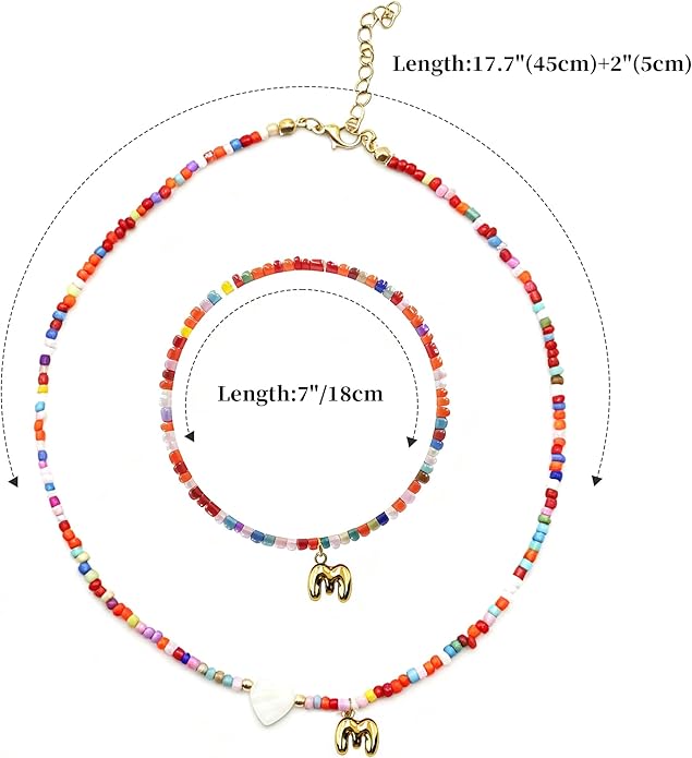 I IHAYNER Colorful Beaded Initial Necklace and Bracelet Set for Girls Personalized Letter Jewelry Gifts Trendy Choker Necklace Matching Bracelet Birthday Friendship Gift