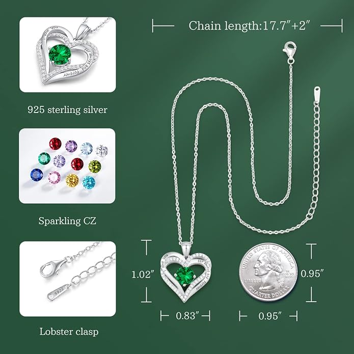 CDE Forever Love Heart Necklaces for Women, Wedding Anniversary, Birthday Mothers Day Christmas Day Gifts for Mom, Mother, Wife, friend, S925 Silver Jewelry with Birthstone Pendant