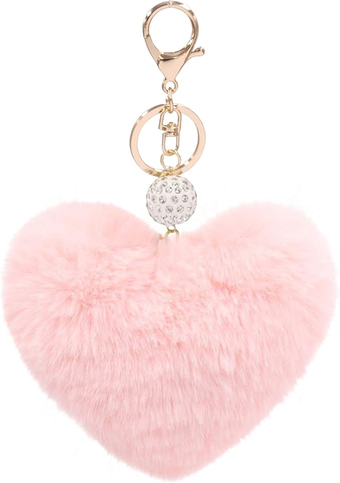Women's Heart Faux Fur Pom Pom Key Chains Bag Accessory Puffball Keyring Backpack Charms for Girls