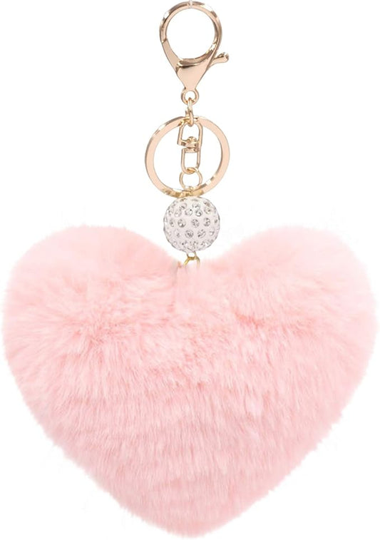 Women's Heart Faux Fur Pom Pom Key Chains Bag Accessory Puffball Keyring Backpack Charms for Girls