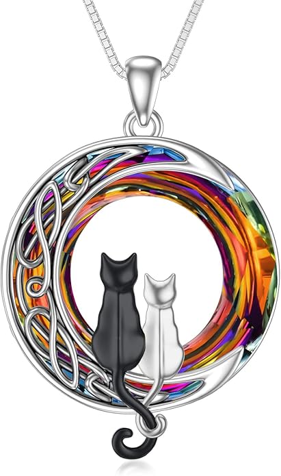 TOUPOP Cat Gifts for Cat Lovers One Two Three Four Cats Necklace Sterling Silver Cats on the Moon Pendant Necklace with Blue Circle Crystal Birthday Christmas Celtic Jewelry Gifts for Women