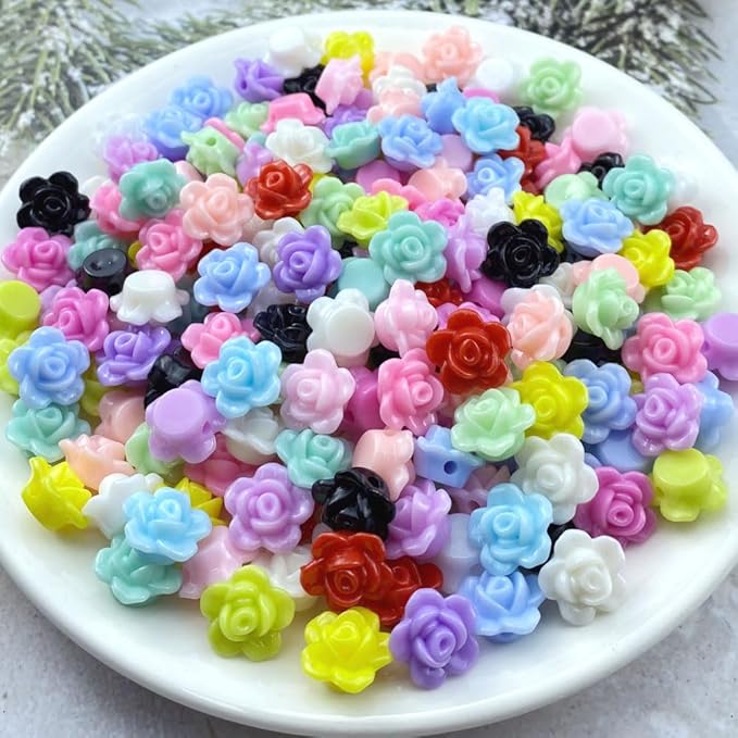 200pcs Acrylic Rose Flower Beads Candy Color Flat Back Spacer Beads Loose Pastel Colorful Decor for DIY Crafts Jewelry Making Bracelet Necklace Earrings(Aquamarine)