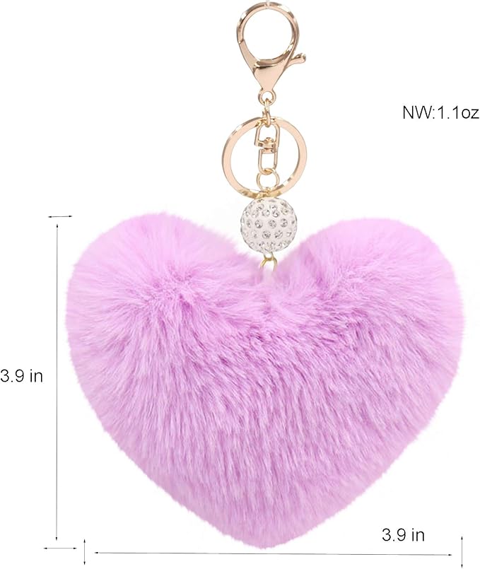 Women's Heart Faux Fur Pom Pom Key Chains Bag Accessory Puffball Keyring Backpack Charms for Girls