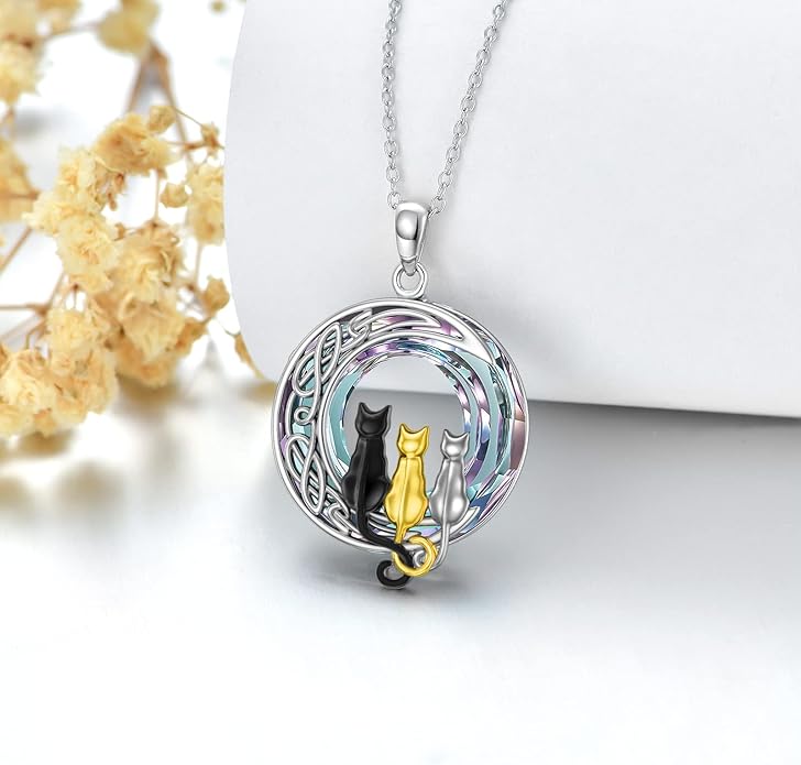 TOUPOP Cat Gifts for Cat Lovers One Two Three Four Cats Necklace Sterling Silver Cats on the Moon Pendant Necklace with Blue Circle Crystal Birthday Christmas Celtic Jewelry Gifts for Women